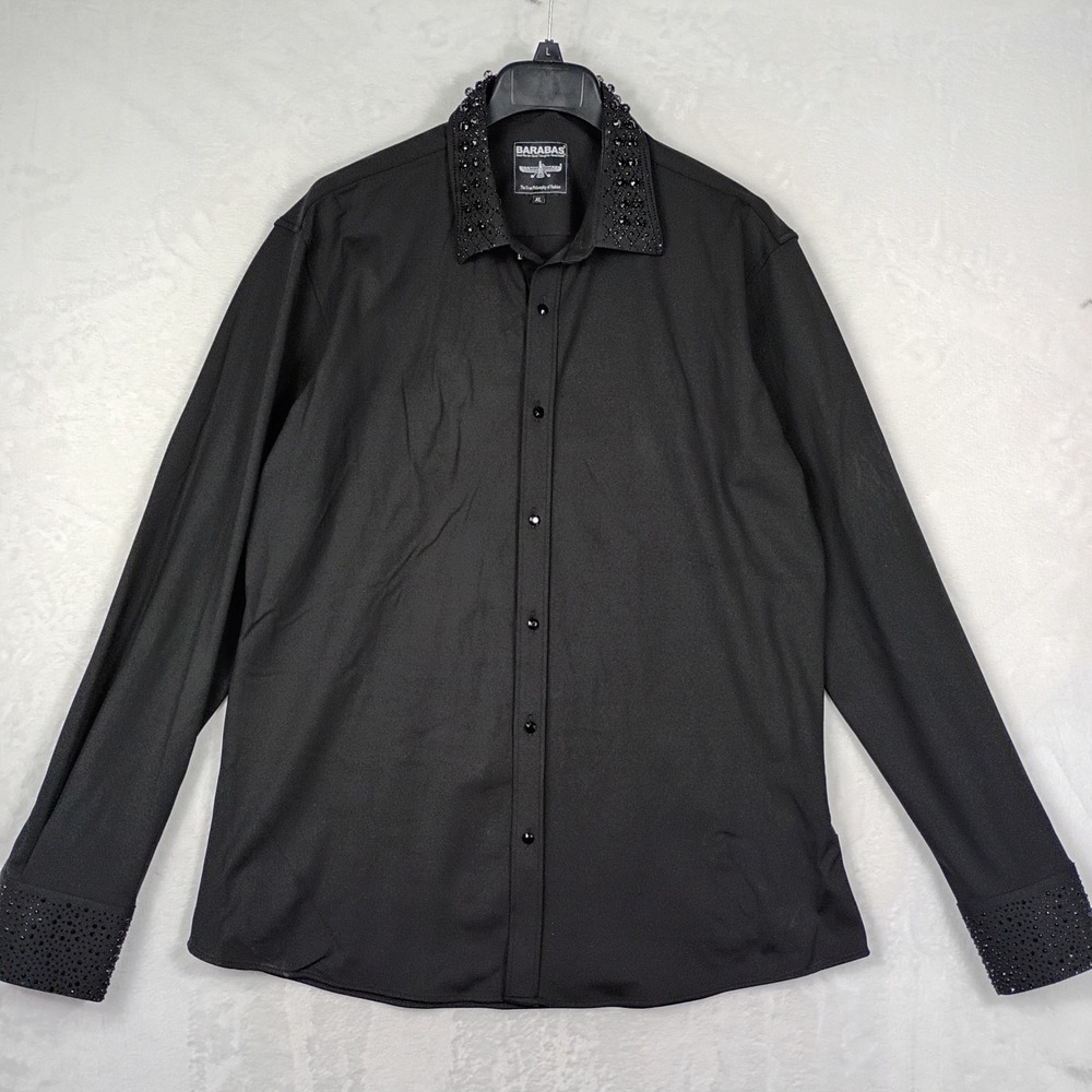 Barabas Mens Black Rhinestone Studded Collar Cuff Button Down Dress Shirt XL